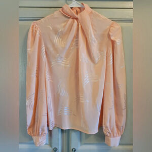 80s Vintage Anna Kriste Peachy Pink Geometric Embossed High Neck Blouse